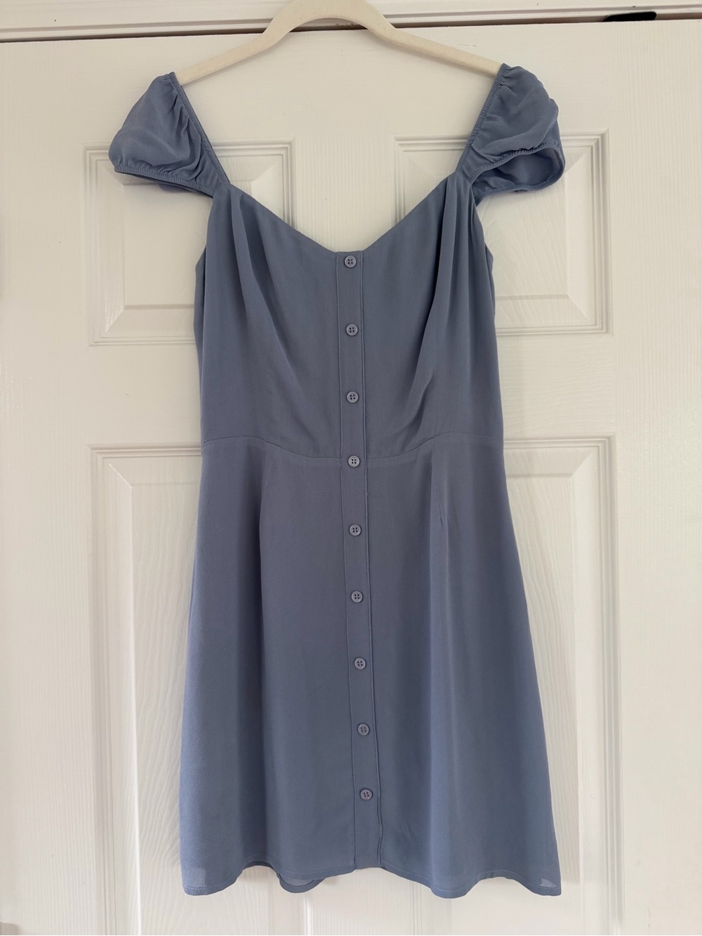 Reformation Off-Shoulder Button-Front Dress in Dusty Blue
